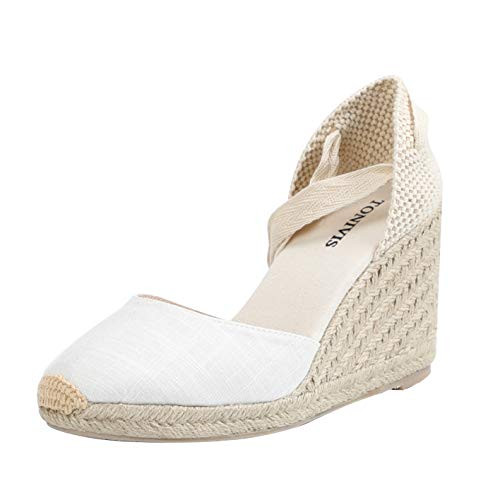 TONIVIS Womens Platform Wedges Espadrilles  27 Wedge  Soft Ankle-Tie Strap  Closed Toe  Classic Summer Sandals