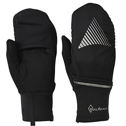 TrailHeads Mens Convertible Running Gloves - Black-Reflective -Small-Medium-
