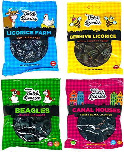 Gustafs Dutch Licorice Variety Pack of 4 -5-29 Ounce Bags- Beehive Licorice  Canal Houses  Beagles  and Licorice Farm