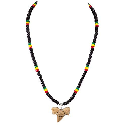 BlueRica Shark Tooth Pendant on Rasta Coconut Beads Necklace -2S-