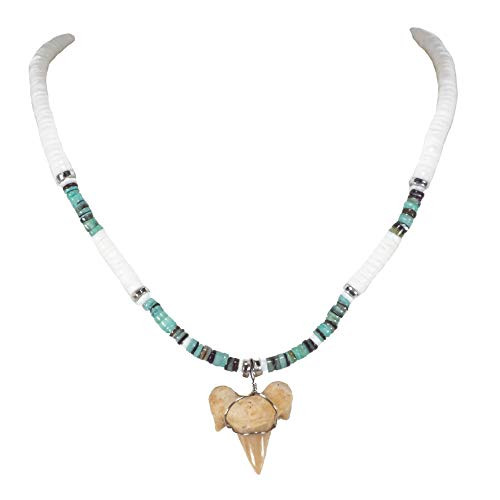 BlueRica Shark Tooth Pendant on Puka Shell Beads and Green Shell Beads Necklace -2S-