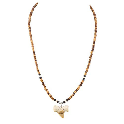 BlueRica Shark Tooth Pendant on Tiger Coconut Beads Necklace -1S-