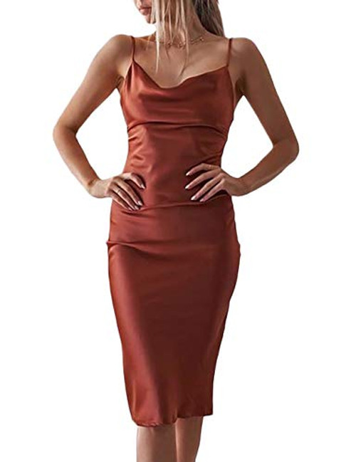 xxxiticat Womens Sleeveless Spaghetti Strap Satin Dress Cocktail Beach Evening Party Cowl Neck Dot Leopard Midi Dresses-Split RU S-