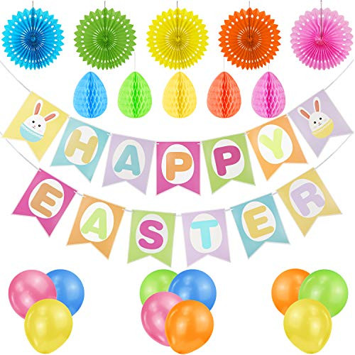 EAONE Easter Party Decorations Set Happy Easter Banner Easter Eggs with 10Pcs Colorful Balloons and 5PCs Hanging Paper Fan for Home Office Indoor Outd