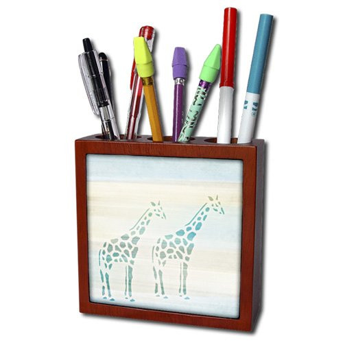 3dRose ph_152074_1 Two Aqua Giraffes Animal Art Tile Pen Holder, 5"