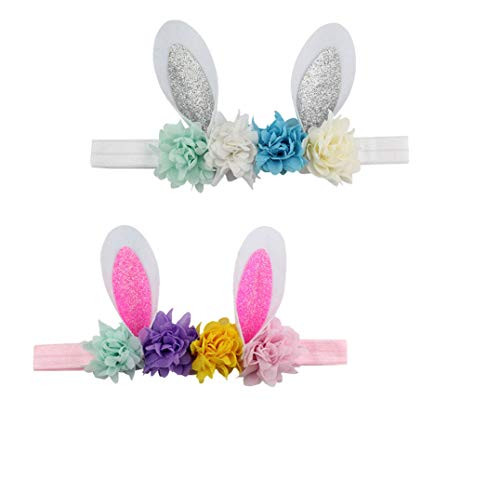Easter Baby Bunny Headband Flower Easter Day Headdress Rabbit Ear Hairband JHE11 -2 Pcs-Silver Pink Bunny Ear-