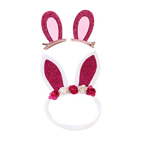 Easter Bunny Hair Clips Hairpins with Glitter Rabbit Ears Baby Girls Hair-Clip JHE14 -Rose Red Headband Set-