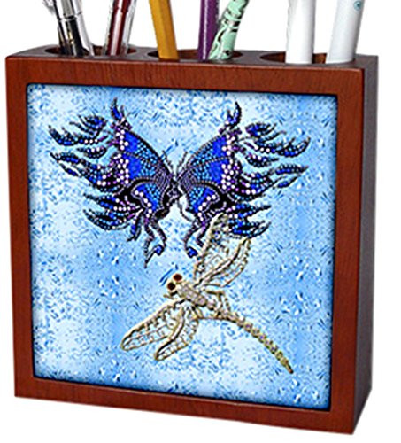 3dRose ph_55916_1 Beaded Look Butterfly & Jeweled Dragon Fly Art Tile Pen Holder, 5"