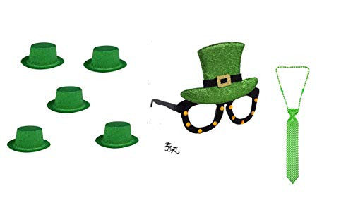 EBK St- Patricks Day Glittery Green Plastic Mini Mardi Gras Party Hats Novelty Glasses Necklace