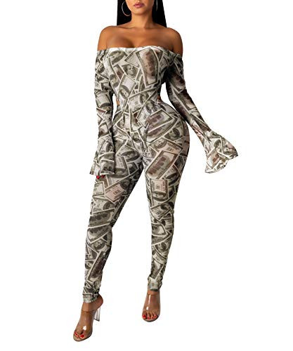 ECHOINE Women Money Printed Jumpsuits - Long Sleeve Off Shoulder Mesh Bodycon Jumpsuit Rompers Outfits Catsuit Clubwear Yellow XL