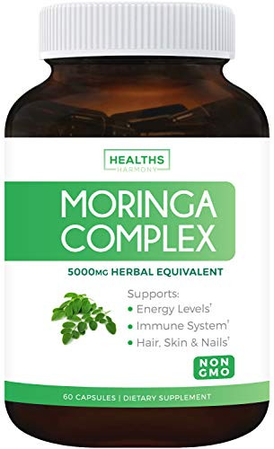 Moringa Capsules -Non-GMO- Each Capsule is The Herbal Equivalent of 5 000mg Moringa Oleifera - Powder Extract Complex from Seeds  Leaf and Fruit - Green