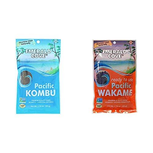 Emerald Cove Silver Grade Pacific Kombu -Dried Seaweed-  1-76 Ounce Bag and Silver Grade Wakame -Dried Seaweed-  1-76 Ounce Bag