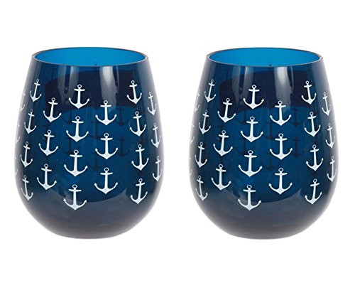 Set of 2 Nautical Anchor Shatter-Resistant Stemless Wine Glasses 18 oz- Navy