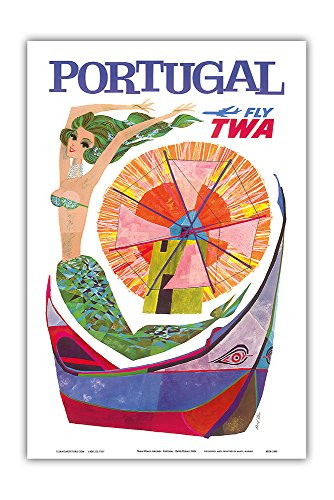 Portugal Fly TWA - Trans World Airlines - Mermaid Windmill - Vintage Airline Travel Poster by David Klein c-1960s - Master Art Print 12in x 18in