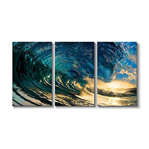 Grander Group Seascape Artwork Ocean Wave Picture - Blue Crashing Graphic Art Painting Print