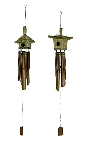 Tropical Tiki Hut Birdhouse Bamboo Tube Wind Chimes Set of 2