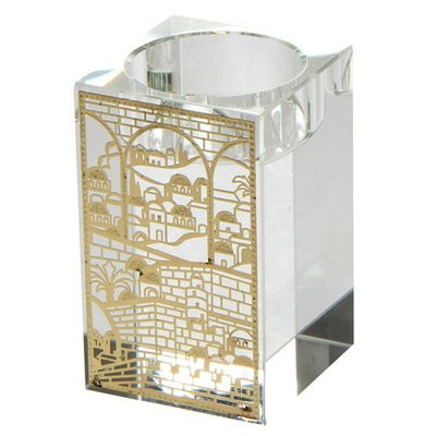 Art Judaica Elegant Crystal Candlesticks with Gold Metal Filigree Jerusalem Designs for Shabbat and Holidays