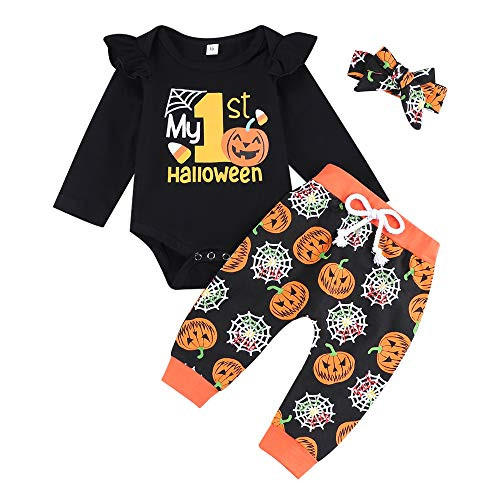 Newborn Boy Girl My 1st Halloween Long Sleeve Romper Bodysuit - Pants-Headband 3Pcs Outfit Set?6-9M?