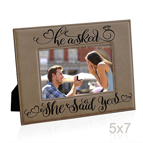 He asked  She said Yes Engraved Leather Picture Frame  Engagement Gifts  Wedding Gifts  Bride to Be  Groom to Be  Were Engaged Photo Frame  Proposal