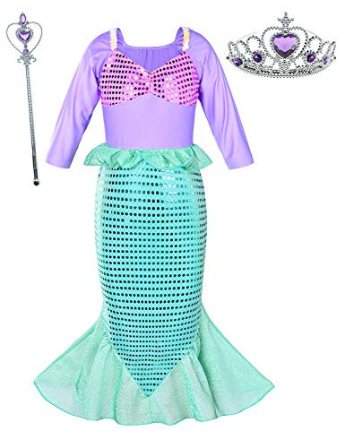 Little Girls Mermaid Costume Princess Dress Up for Birthday with Accessories-Crown-Wand- 6-7 Years-130cm- Green