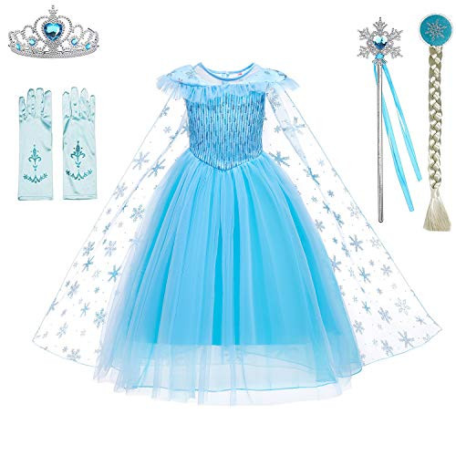 Princess Costumes Elsa Dress Birthday Party Dress Up for Little Girls with Wig Crown Mace Gloves Accessories 8-10Years-D56 140cm-