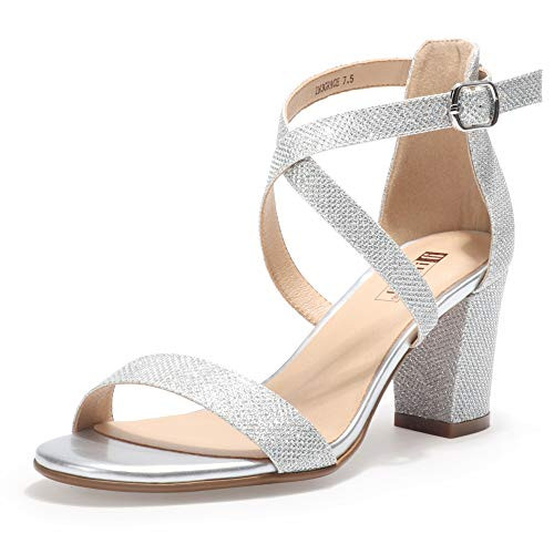 IDIFU Womens IN3 Grace Strappy Block Heels Sandals Comfy Open Toe Chunky Dress Wedding Shoes with Adjustable Cross Strap -Silver Glitter  9-5 M US-