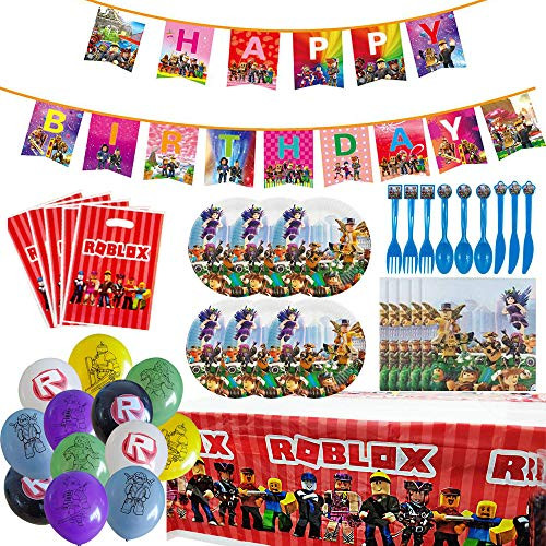 Roblox Party Supplies Tableware Set Roblox Table Cover Plates Napkins Gift Bags Birthday Banner and Balloons Utensils Complete Birthday Party Decoration