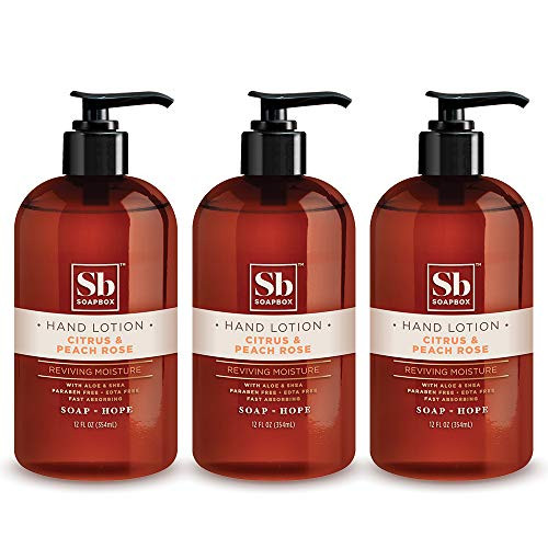 Soapbox Reviving Moisture Hand Lotion  Citrus and Peach Rose  Moisturizing Hand Cream for Dry Hands  12 Ounce -3 Pack-
