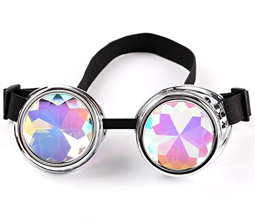 Lelinta Steampunk Rave Glasses Goggles with Rainbow Crystal Glass Lens Silver Adjustable
