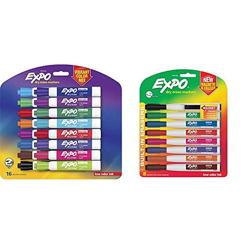 EXPO 1927526 Low-Odor Dry Erase Markers  Chisel Tip  Vibrant Colors  16-Count and 1944748 Magnetic Dry Erase Markers with Eraser  Fine Tip  Assorted Col