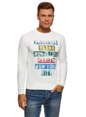 oodji Ultra Mens Printed Cotton Sweatshirt  White  US 46 - EU 56 - XL