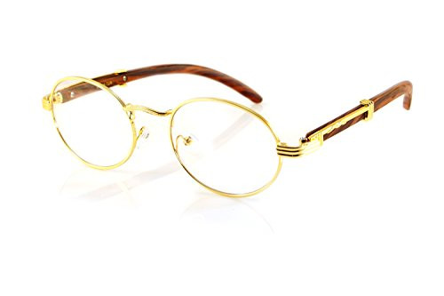 FBL Vintage Oval Clear Lens Metal and Wood Feel Eyeglasses A103 -Gold-Brown-