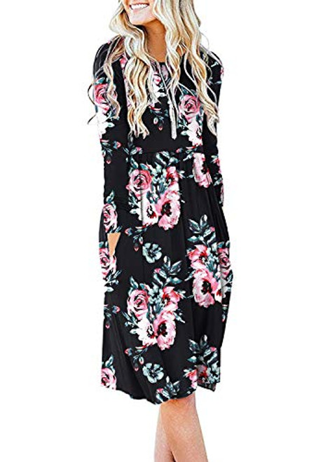 DB MOON Women Casual Long Sleeve Dresses Empire Waist Loose Dress with Pockets -Flower Black 2XL- DB MOON Women Casual Long Sleeve Dresses Empire Waist Loose Dress with Pockets -Flower Black 2XL-