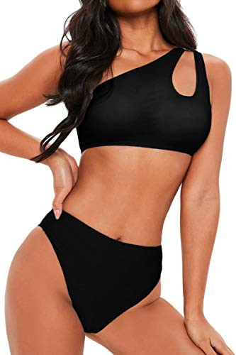 FAFOFA Womens Two Pieces Bathing Suit Plus Size One Shoulder Cutout High Waisted Bikini Set Beachwear XL Black