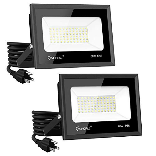 Onforu 2 Pack 60W LED Flood Light with Plug, 6,500lm Super Bright Work Light, 5000K Daylight White Security Lights, IP66 Waterproof Outdoor Landscape Floodlight for Yard, Garden, Playground, Party Onforu 2 Pack 60W LED Flood Light with Plug, 6,500lm Super Bright Work Light, 5000K Daylight White Security Lights, IP66 Waterproof Outdoor Landscape Floodlight for Yard, Garden, Playground, Party