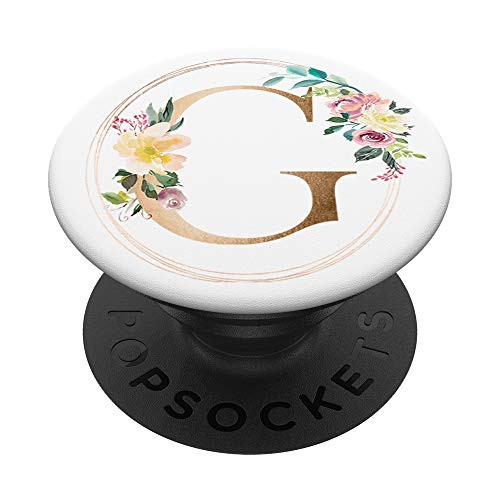 Initial Letter G Monogram Floral White PopSockets Grip and Stand for Phones and Tablets