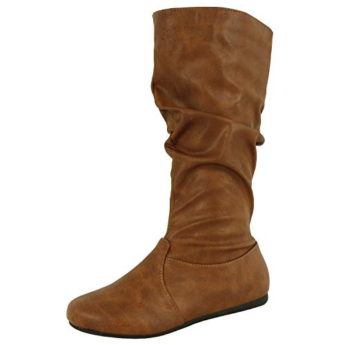 Wells Collection Womens Wonda Boots Soft Slouchy Flat to Low Heel Under Knee High  Tan PU  8