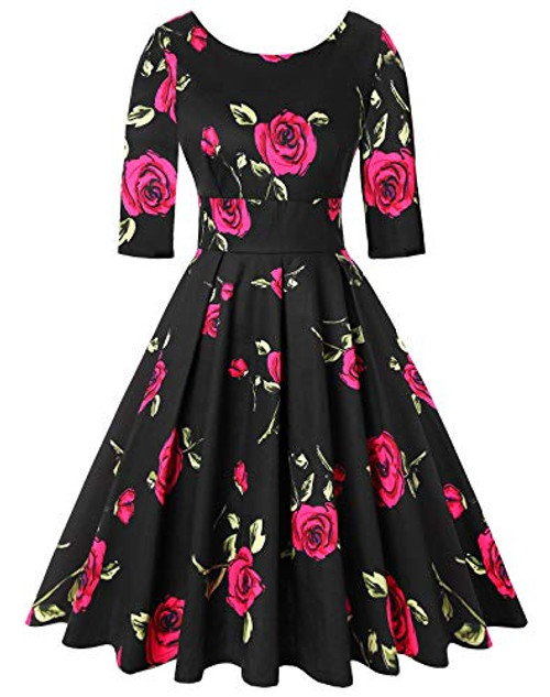 MINTLIMIT Womens 50s 60s A Line Rockabilly Dress 3-4 Sleeve Floral Vintage Swing Party Dress Floral Rose Black and Red Size S MINTLIMIT Womens 50s 60s A Line Rockabilly Dress 3-4 Sleeve Floral Vintage Swing Party Dress Floral Rose Black and Red Size S