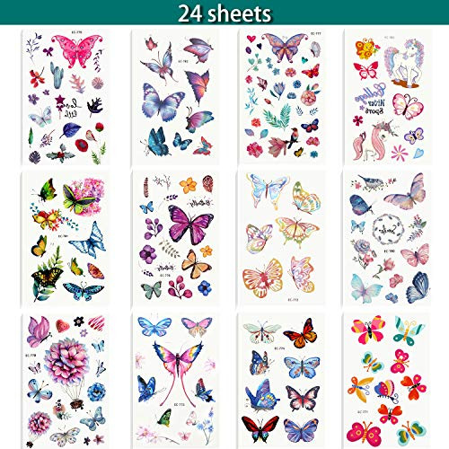 Outus 24 Pieces Temporary Tattoos  Fake Tattoo Sticker Party Favors for Goodie Bags Birthdays and Party Events -Butterfly Tattoos-