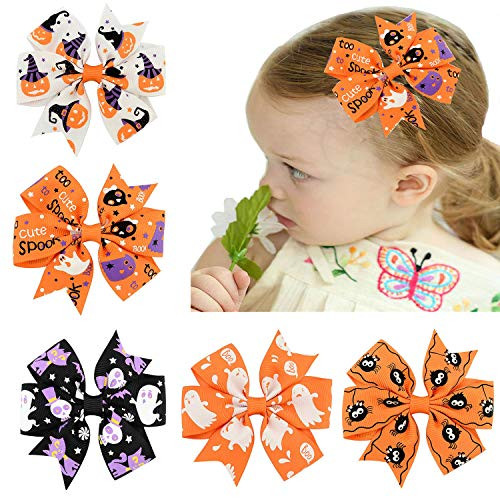 5Pcs Halloween Bow Knot Hair Pins Boutique clips Grosgrain Ribbon Halloween Hair Bows for Girls
