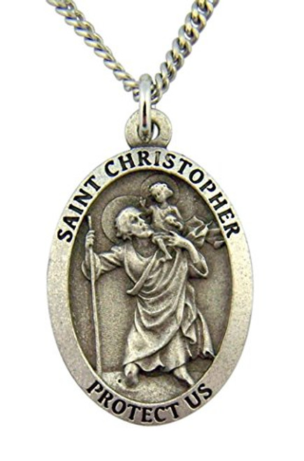 Religious Gifts Silver Tone Patron Saint St Christopher Protect Us Medal  1 1-8 Inch