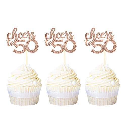 Ercadio 36 Pack Rose Gold Cheers to 50 Cupcake Toppers Glitter Age Fifty Cupcake Picks 50th Birthday Anniversary Party Cake Decorations