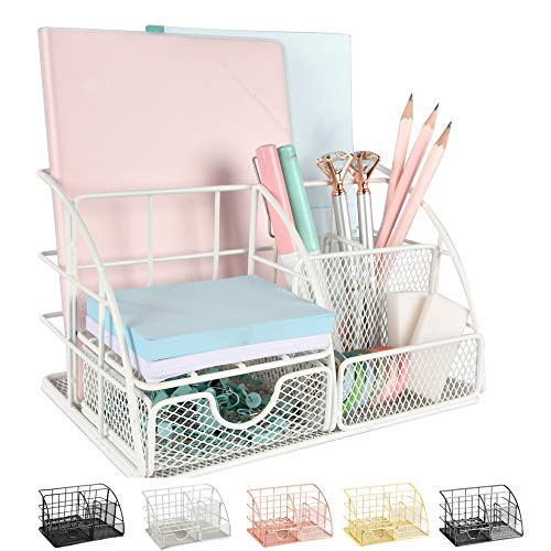 AUPSEN Desk Organizer  Mesh Office Supplies Desk Accessories  Features 5 Compartments - 1 Mini Sliding Drawer-White-
