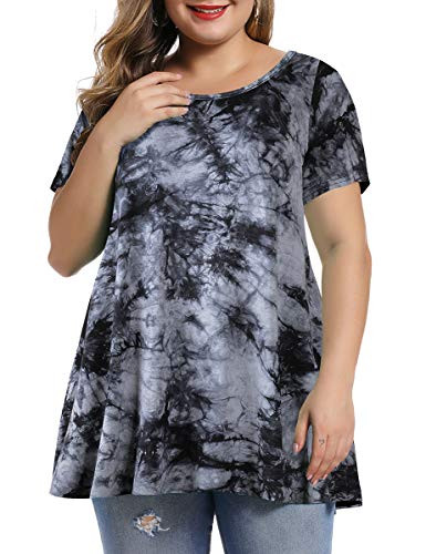 MONNURO Womens Short Sleeve Casual Loose Fit Flare Swing Tunic Tops Basic T-Shirt Plus Size-Tie Dye Black 3X-