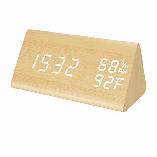 Raercodia Digital Alarm Clock Decorative Wooden Desk Clock Modern Electronic LED Clock Display Time Date Temperature Humidity Voice Control 3 Alarms f