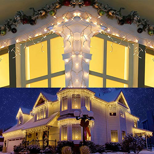 Brizled Icicle Lights  2 Pack 8-67ft 150 Count Tradition Christmas Icicle Lights  Warm White Icicle String Lights White Wire  120V Connectable Icicle