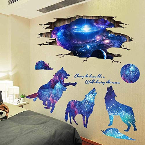Amaonm 3D Blue Starry Sky Wolf Moon Wall Decals Removable PVC Magic 3D Milky Way Outer Space Planet Wall Sticker Peel Stick Home Decor for Kids Baby B