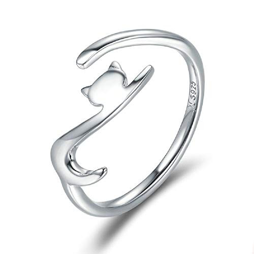 925 Sterling Silver Cute Cat Open Ring Lovely Pet Adjustable Simple Wedding Finger Rings for Women Girls