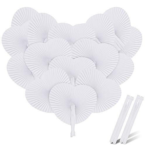 Mixhomic 48 Pack White Paper Fans Wedding Heart Shaped Handheld Folding Fan Assortment for Wedding Celebration Birthday Party Favor