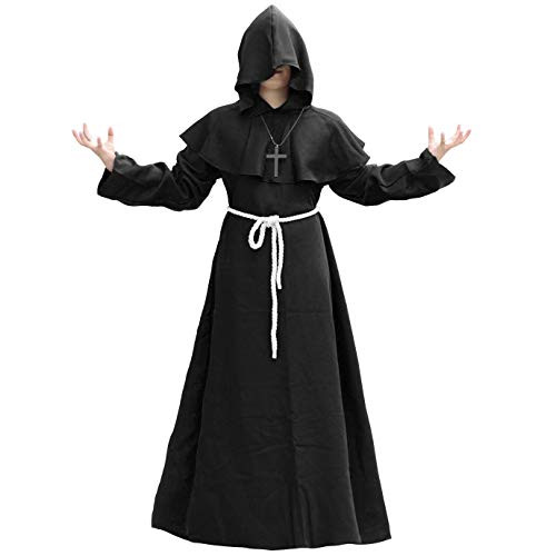 POLLEXLI Medieval Wizard Robe Costume Tunic Hooded Monk Cloak Halloween Cosplay Costumes Black